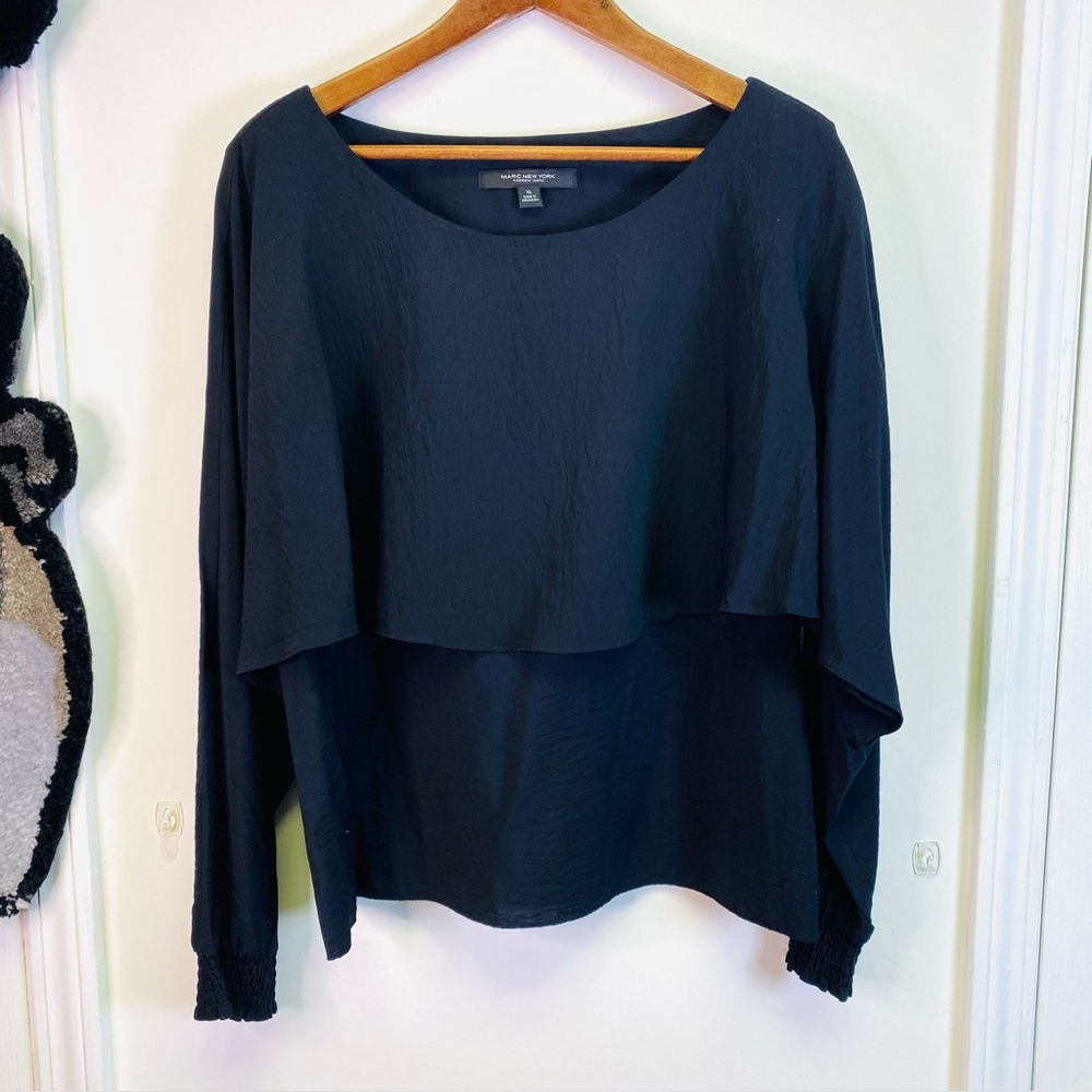 Marc New York Draped Cape-Overlay Blouse – Black (Women’s XL) • NWOT